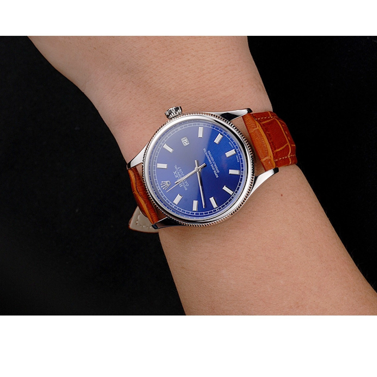 Best AAA Replica Sites Stainless Leather Swiss Case Rolex Steel Dial Blue Light Strap Brown Datejust 0701